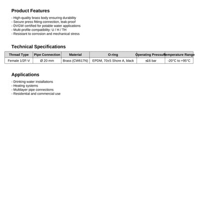 Erfu Raccord Multicouche à Sertir – Culasse Simple Femelle 20 mm x 1/2" – Press Fitting Certifié DVGW, Multi-Profils U/H/TH