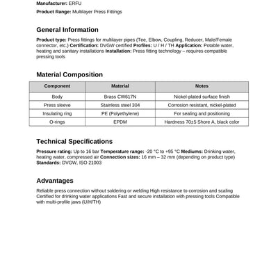 Erfu Coude 90° femelle à sertir multicouche 16 mm x 1/2F-V – certifié DVGW, multi-profils U/H/TH