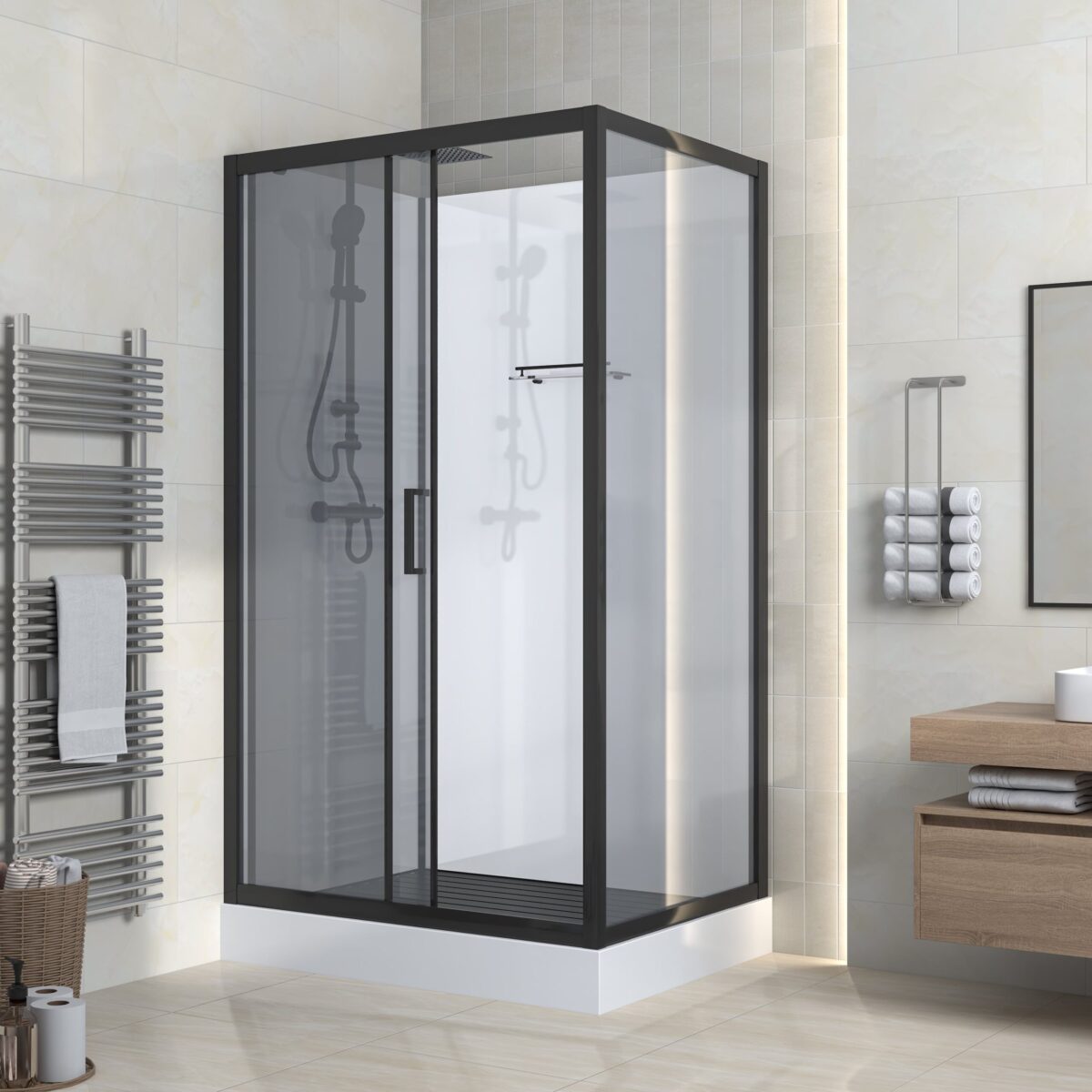 Marani Complete Shower Enclosure With Sliding Door - Reversible - 120x225x90 Cm - Matt Black - Smoked Glass - Image 2