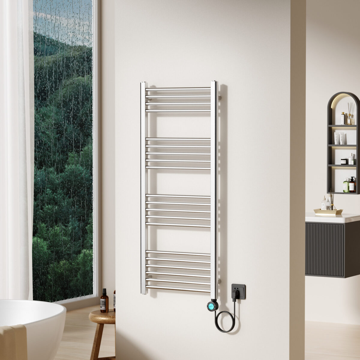 BELRAD ELEKTRISCHE HANDDOEKRADIATOR - MET DIGITALE, PROGRAMMEERBARE THERMOSTAAT - SLIMME WIFI - AANSLUITING RECHTS - 700W - 1200X500 MM - GEBORSTELD RVS - Afbeelding 2