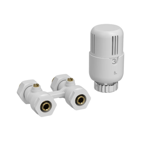 BELRAD H-BLOCK – COMPLETE RADIATOR CONNECTION SET – WITH THERMOSTAT KNOB – STRAIGHT – FLOOR CONNECTION - M30 – 1/2MX16/2 – GLOSSY WHITE
