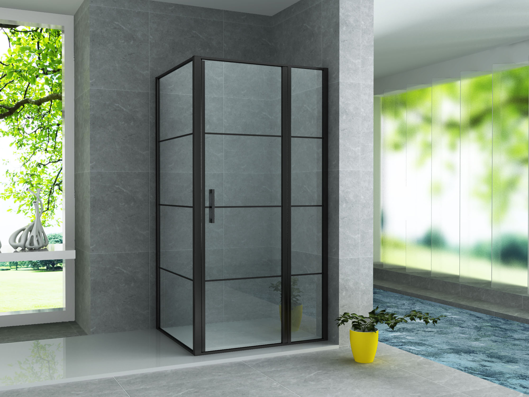 CR56B-80120-2.jpg ALONI SHOWER ENCLOSURE WITH PIVOT DOOR AND FIXED PANEL AND SIDE PANEL - WITH ANTI-CALCAIRE TREATMENT - REVERSIBLE - 8MM SAFETY GLASS - 80X120X200 CM - MATT BLACK - CLEAR GLASS WITH BLACK GRID - Image 1