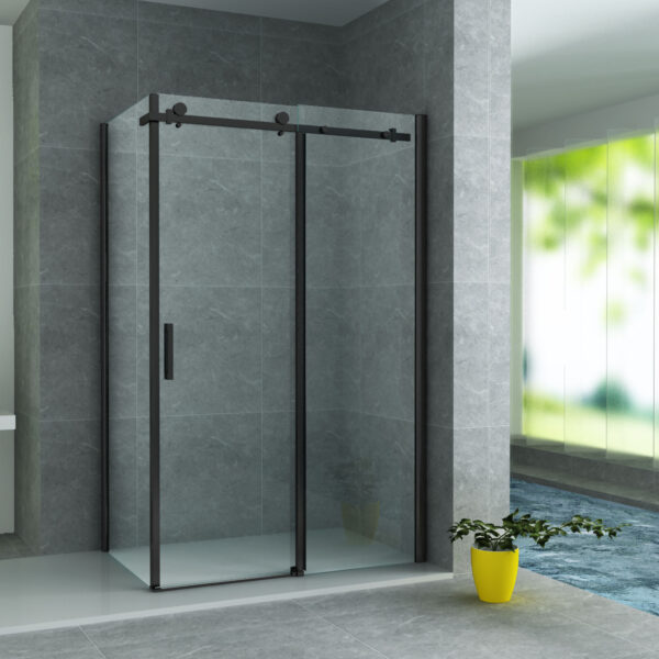 ALONI SHOWER ENCLOSURE WITH SLIDING DOOR AND SIDE PANEL - WITH ANTI-CALCAIRE TREATMENT - REVERSIBLE - 8MM SAFETY GLASS - 90X120X195 CM - MATT BLACK - CLEAR GLASS