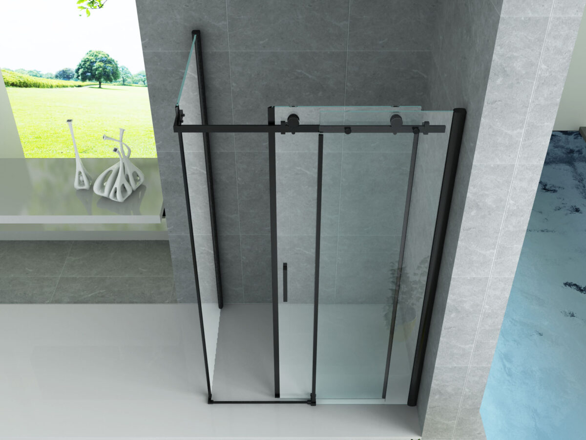 CABINE DE DOUCHE ALONI AVEC PORTE COULISSANTE ET PANNEAU LATÉRAL - TRAITEMENT ANTI-CALCAIRE - RÉVERSIBLE - VERRE DE SÉCURITÉ 8MM - 90X140X195 CM - NOIR MAT - VERRE CLAIR – Image 2