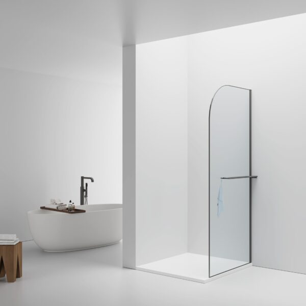 CURVY WALK-IN SHOWER WITH TOWEL RAIL - CURVED - ANTI-LIMESCALE TREATMENT - REVERSIBLE - 8MM SAFETY GLASS - 100X200CM - GUNMETAL - CLEAR GLASS