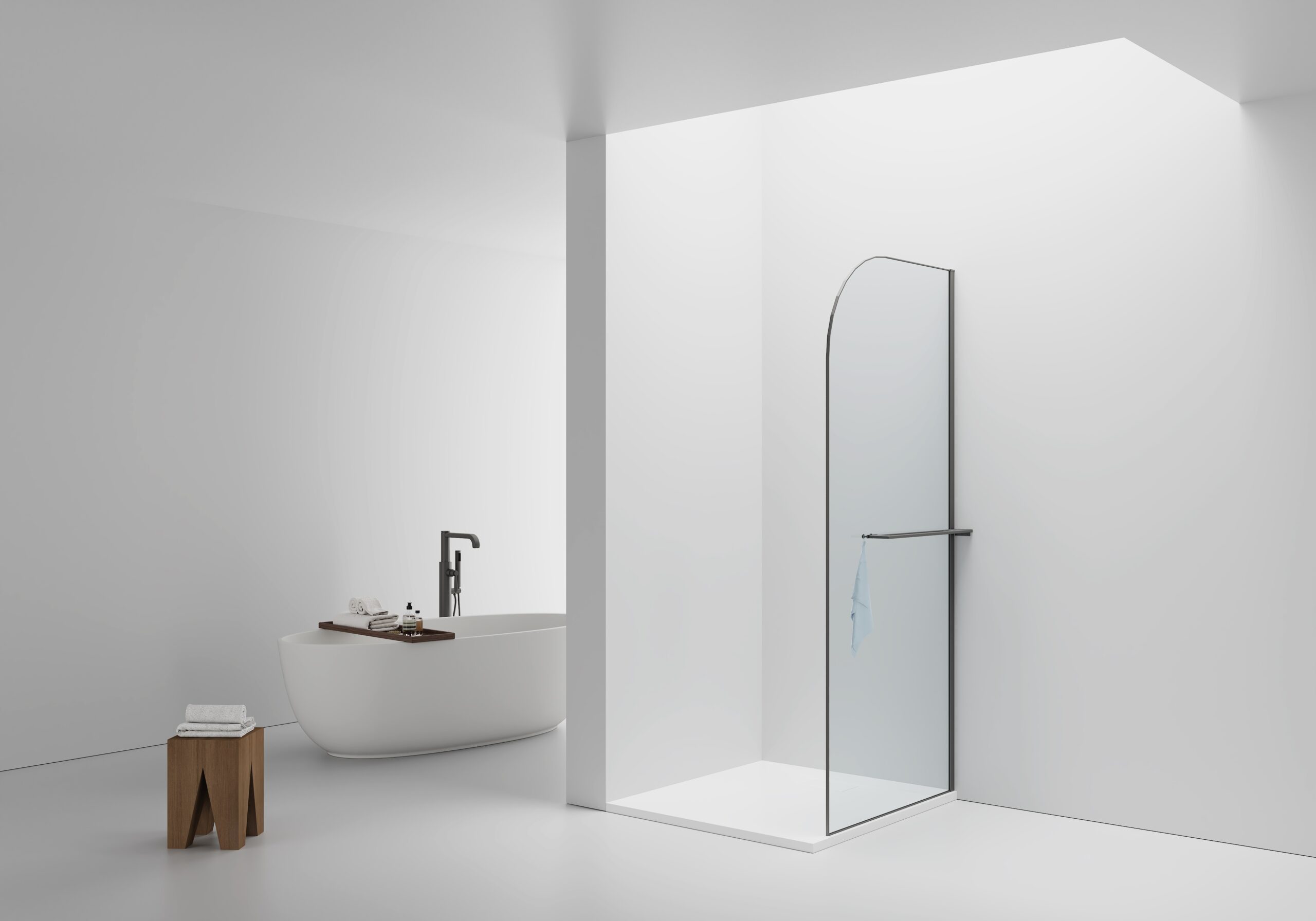 DW-100GG.jpg CURVY WALK-IN SHOWER WITH TOWEL RAIL - CURVED - ANTI-LIMESCALE TREATMENT - REVERSIBLE - 8MM SAFETY GLASS - 100X200CM - GUNMETAL - CLEAR GLASS - Image 1
