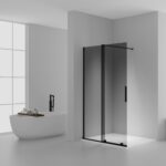 X-SLIDE WALK-IN SHOWER WITH SLIDING DOOR – SLIDING DOOR FOR NICHE – WITH ANTI-LIMESCALE TREATMENT – REVERSIBLE – 8MM SAFETY GLASS – 120X200CM – MATT BLACK – GREY SMOKE GLASS