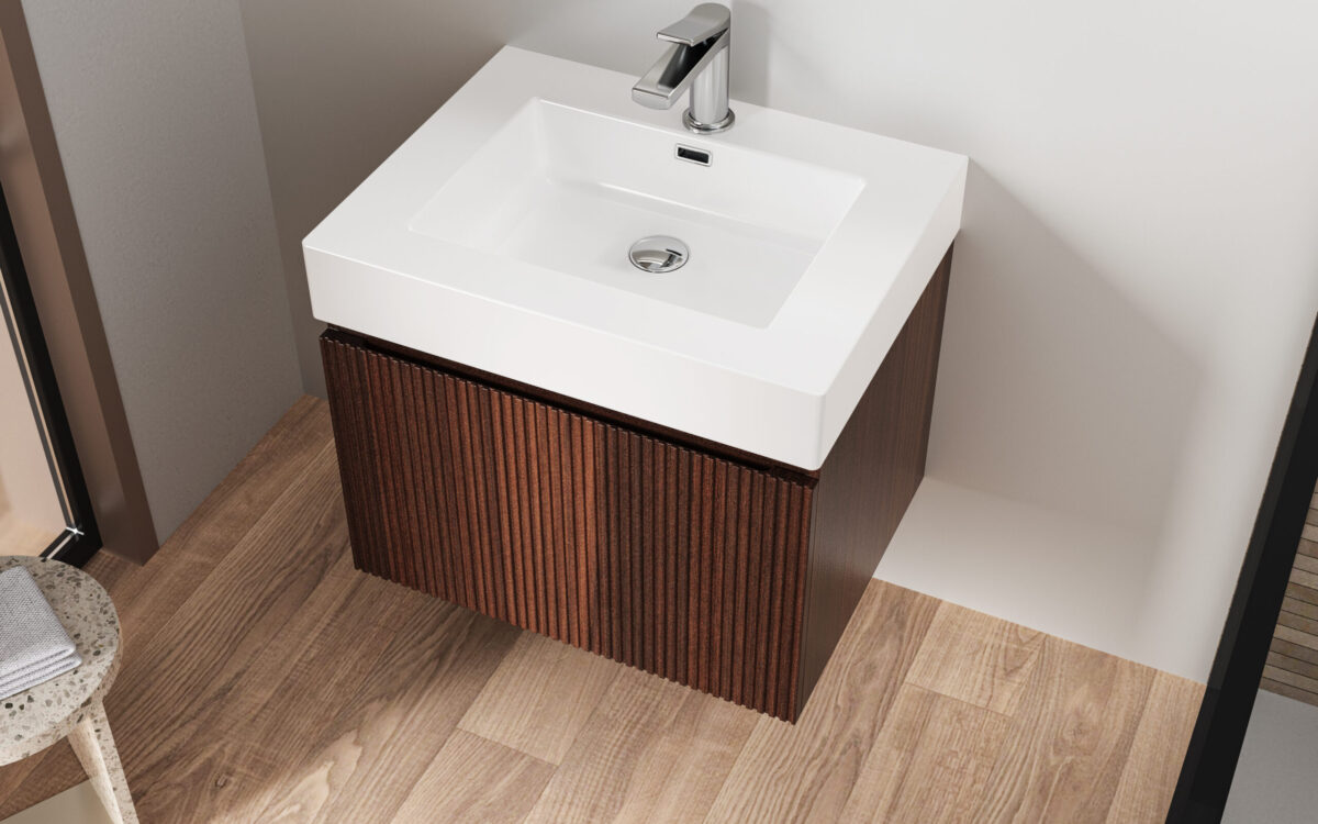 Lavabo Aloni - 1 Vasque - Avec Trop-Plein - 1 Trou Pour Robineterie - Marbre Artificiel - 60x10x46 Cm - Blanc Mat – Image 3