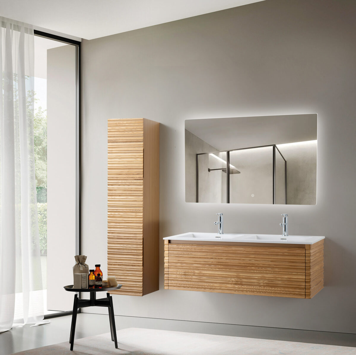 Wonda Square Slim Washbasin - 2 Basins - With Overflow - 2 Tap Holes - Polyresin - 120x1,6x52,5 Cm - Matt White - Image 2