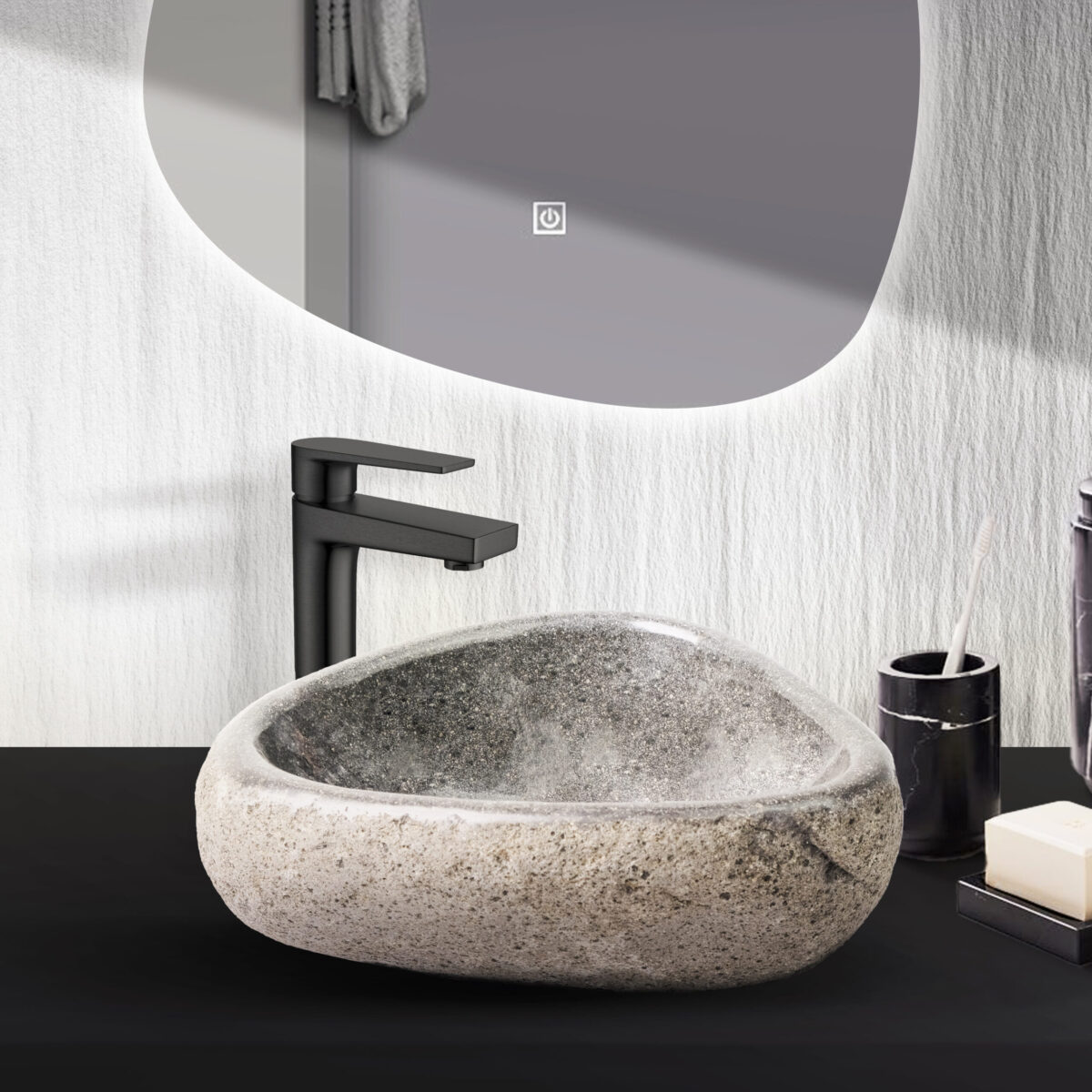 Lavabo Rond En Pierre De Riviere Naturelle Bord Fin - Gris 30-35x15x1.5cm – Image 3