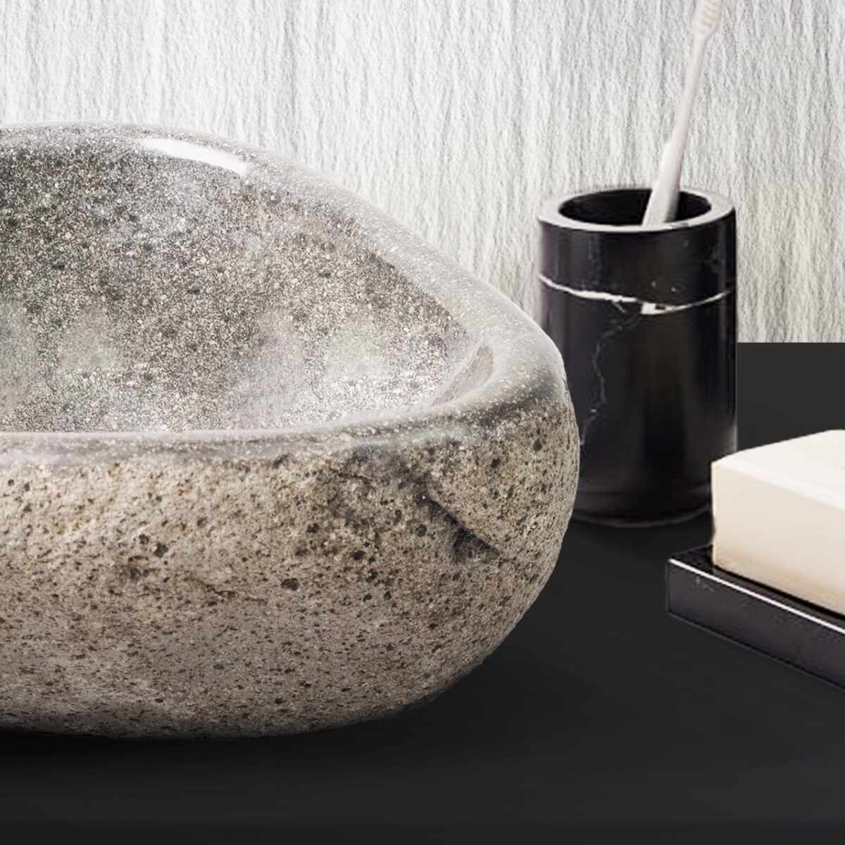 Lavabo Rond En Pierre De Riviere Naturelle Bord Fin - Gris 30-35x15x1.5cm – Image 4
