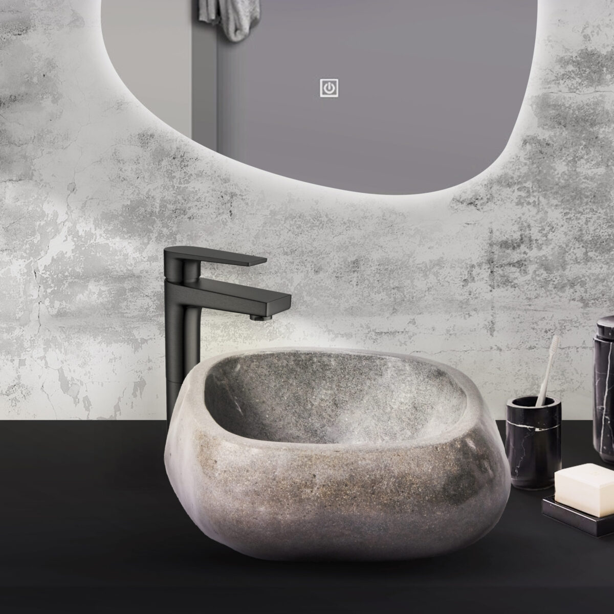 Lavabo En Pierre De Rivière Naturelle Entièrement Poli - Noir 30-35x15x1.5cm – Image 3