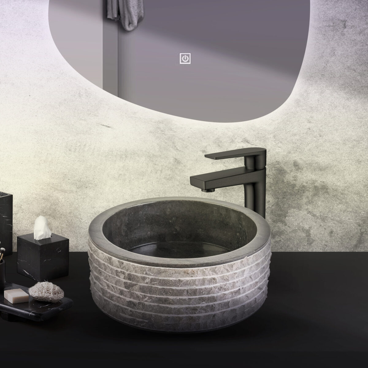 Lavabo En Marbre Alur Avec Face Intérieur Poli - Noir 40x15cm – Image 3