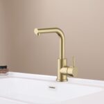 STRIA BASIN/KITCHEN MIXER – STRAIGHT SWIVEL SPOUT – COLD START – REFINED RIBBED HANDLE – WITHOUT WASTE – BRUSHED GOLD - Image 2