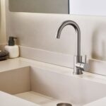 STRIA BASIN MIXER – CURVED SWIVEL SPOUT – COLD START – REFINED RIBBED HANDLE – WITHOUT WASTE – BRUSHED STAINLESS STEEL - Image 2