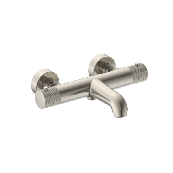 STRIA BATH MIXER – THERMOSTATIC – WALL-MOUNT – REFINED RIBBED HANDLES – BRUSHED STAINLESS STEEL