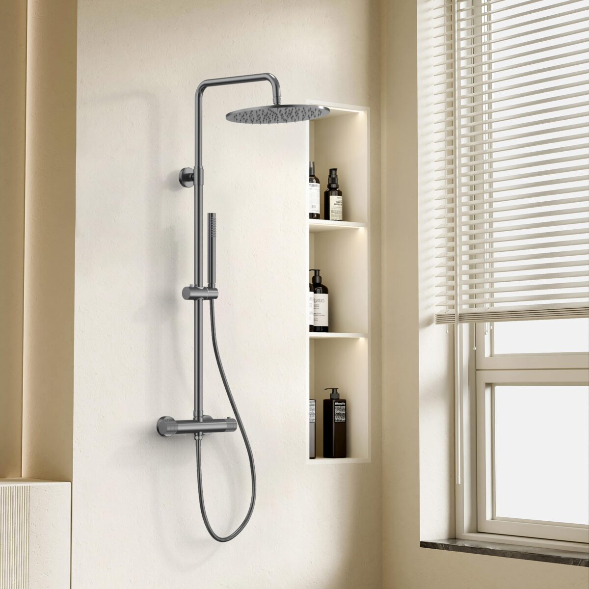 Ensemble De Douche Stria Rain - Thermostatique - Cool Touch - Douche De Tête 30 Cm - En Saillie - Boutons À Texture Nervurée Raffinée - Gunmetal (Pvd) – Image 2