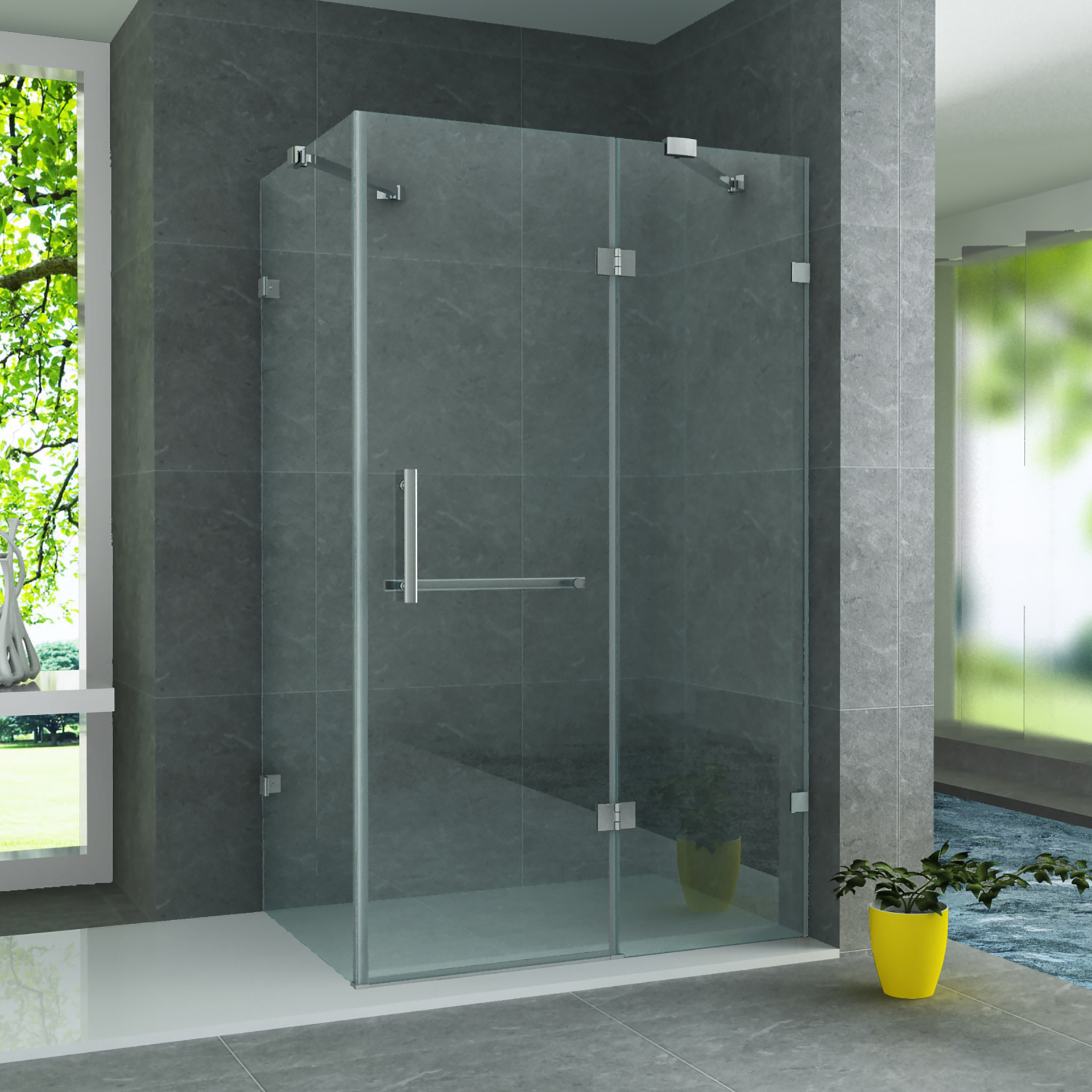 cr503-90120.jpg ALONI SHOWER ENCLOSURE WITH PIVOT DOOR AND FIXED PANEL AND SIDE PANEL - WITH ANTI-CALCAIRE TREATMENT - REVERSIBLE - 8MM SAFETY GLASS - 90X120X195 CM - CHROME - CLEAR GLASS - Image 1