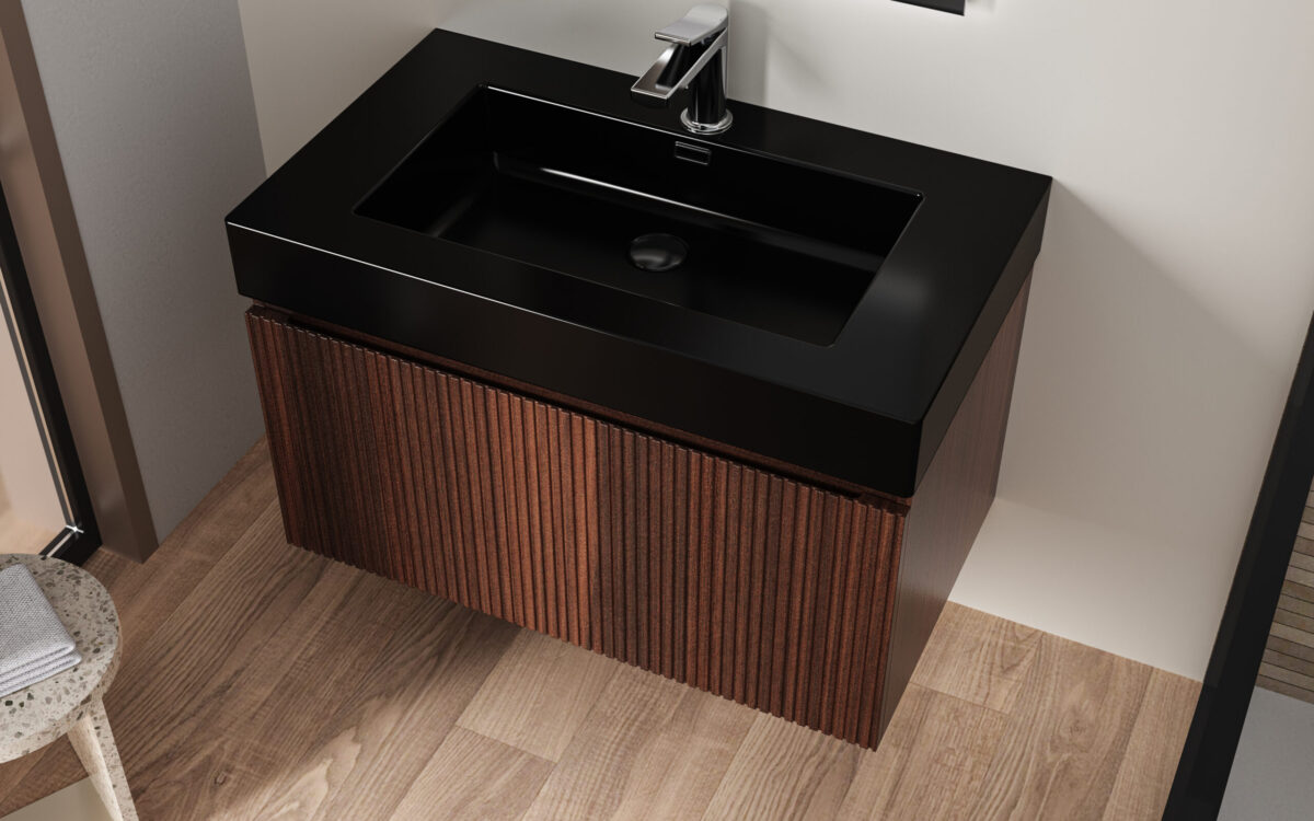 LAVABO ALONI - 1 VASQUE - AVEC TROP-PLEIN - 1 TROU POUR ROBINETERIE - MARBRE ARTIFICIEL - 80X10X46 CM - NOIR MAT – Image 3
