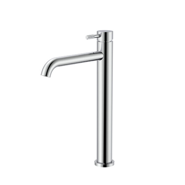 STRIA BASIN MIXER – HIGH RISE – COLD START – REFINED RIBBED HANDLE – WITHOUT WASTE – CHROME