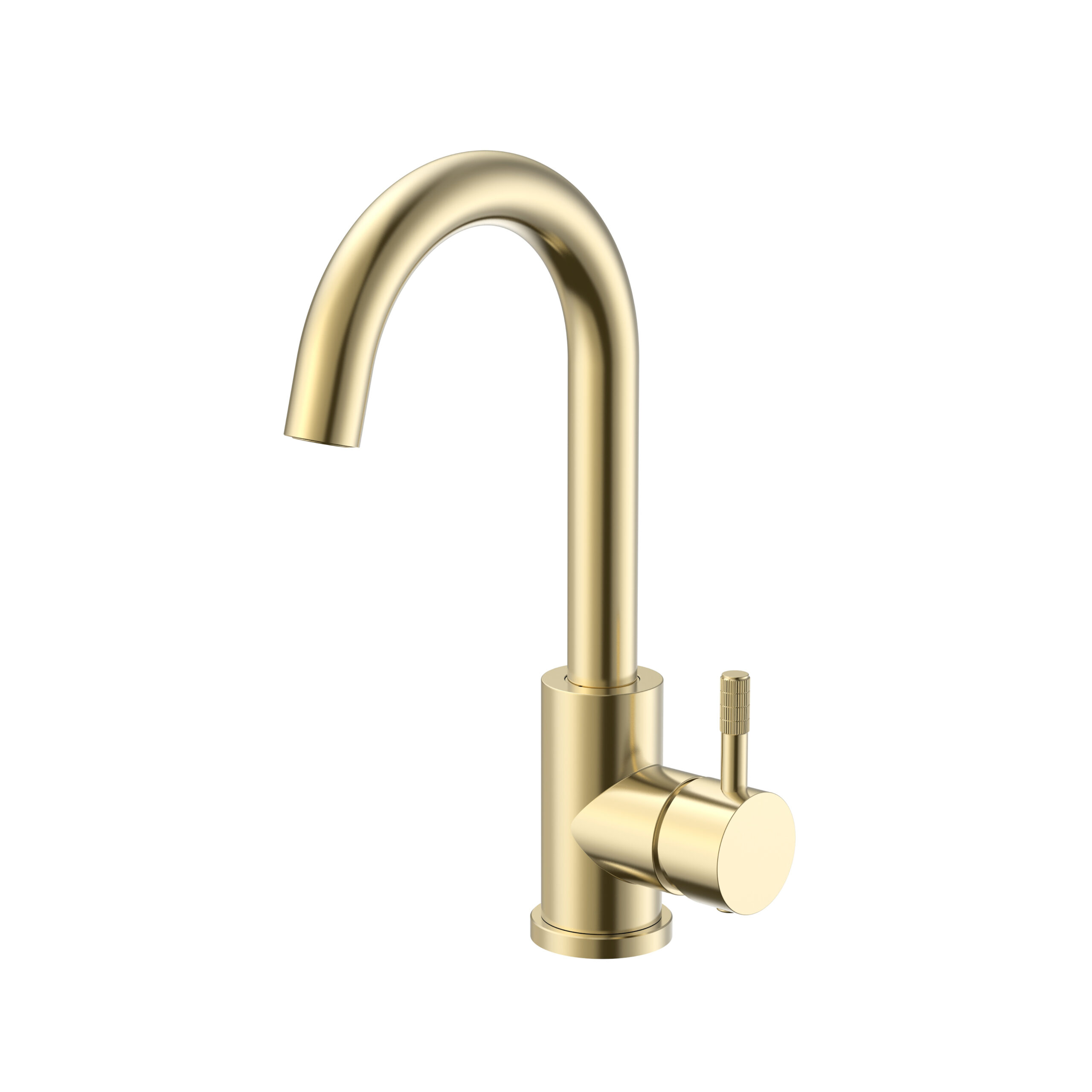 prm1312-bg.jpg STRIA BASIN MIXER – CURVED SWIVEL SPOUT – COLD START – REFINED RIBBED HANDLE – WITHOUT WASTE – BRUSHED GOLD - Image 1