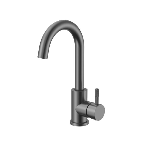 STRIA BASIN MIXER – CURVED SWIVEL SPOUT – COLD START – REFINED RIBBED HANDLE – WITHOUT WASTE – GUNMETAL