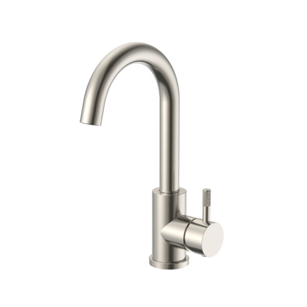 STRIA BASIN MIXER – CURVED SWIVEL SPOUT – COLD START – REFINED RIBBED HANDLE – WITHOUT WASTE – BRUSHED STAINLESS STEEL