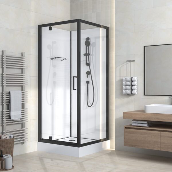 CABINE DE DOUCHE COMPLÈTE RIMO AVEC PORTE BATTANTES - RÉVERSIBLE - 80X215X80 CM - NOIR MAT - VERRE CLAIR