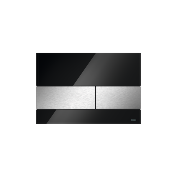 TECESQUARE WC-BEDIENINGSPLAAT VAN GLAS VOOR DUOSPOELTECHNIEK, GLAS GLANZEND ZWART, TOETSEN GEBORSTELD RVS (MET ANTI-VINGERPRINT)
