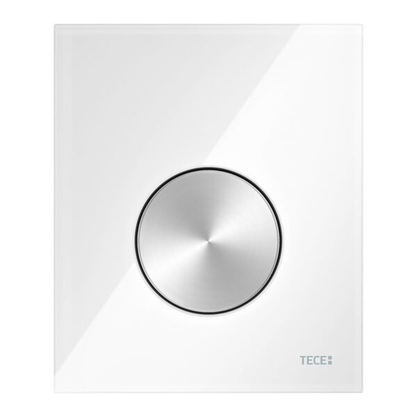 TECELOOP URINOIRBEDIENINGSPLAAT VAN GLAS INCL. CARTOUCHE - GLAS GLANZEND WIT - TOETS GEBORSTELD RVS (MET ANTI-VINGERPRINT)