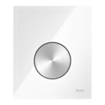 TECELOOP URINOIRBEDIENINGSPLAAT VAN GLAS INCL. CARTOUCHE - GLAS GLANZEND WIT - TOETS GEBORSTELD RVS (MET ANTI-VINGERPRINT)
