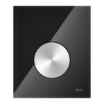 TECELOOP URINOIRBEDIENINGSPLAAT VAN GLAS INCL. CARTOUCHE - GLAS GLANZEND ZWART - TOETS GEBORSTELD RVS (MET ANTI-VINGERPRINT)