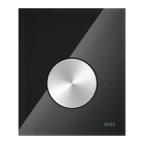 TECELOOP URINOIRBEDIENINGSPLAAT VAN GLAS INCL. CARTOUCHE - GLAS GLANZEND ZWART - TOETS GEBORSTELD RVS (MET ANTI-VINGERPRINT)