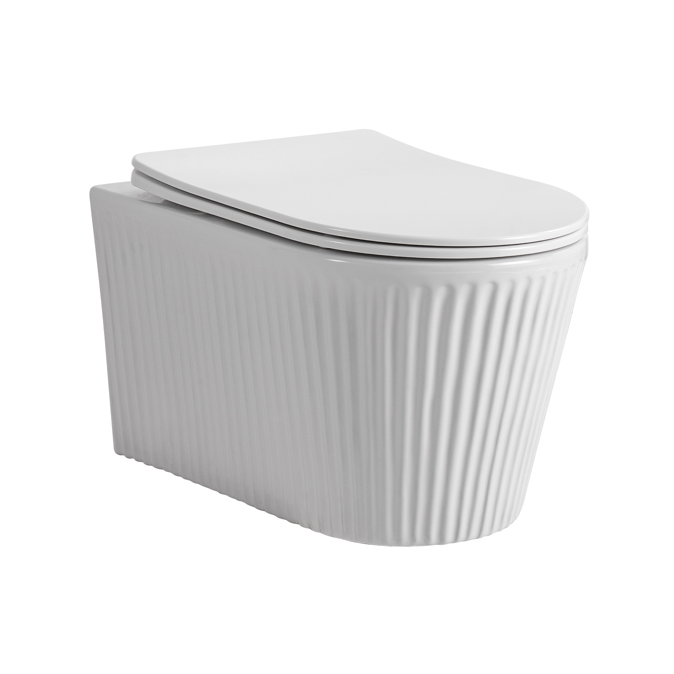 AL3011-4.jpg MUFFLY WALL-HUNG TOILET WITH FLUTED STRUCTURE – RIMLESS – TORNADO FLUSH – WITH SEAT – DUROPLAST – SOFT CLOSE – QUICK RELEASE – CERAMIC – 36.5X52X34.6 CM – GLOSSY WHITE - Image 1