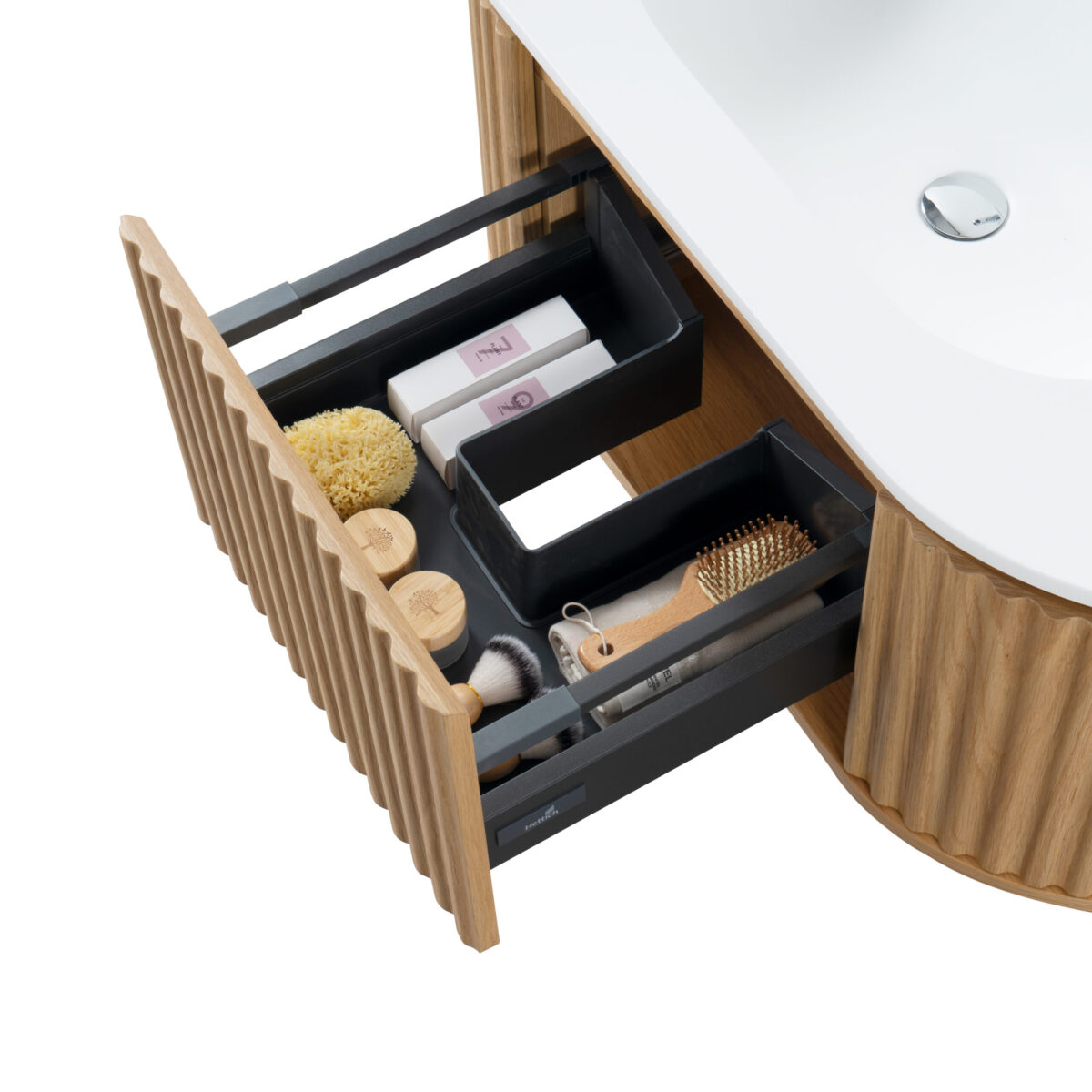 Armoire Lavabo Begonia - 1 Tiroir - Sans Poignée - Fermeture Douce – 99x42x52,5 Cm - Chêne Naturel – Image 11