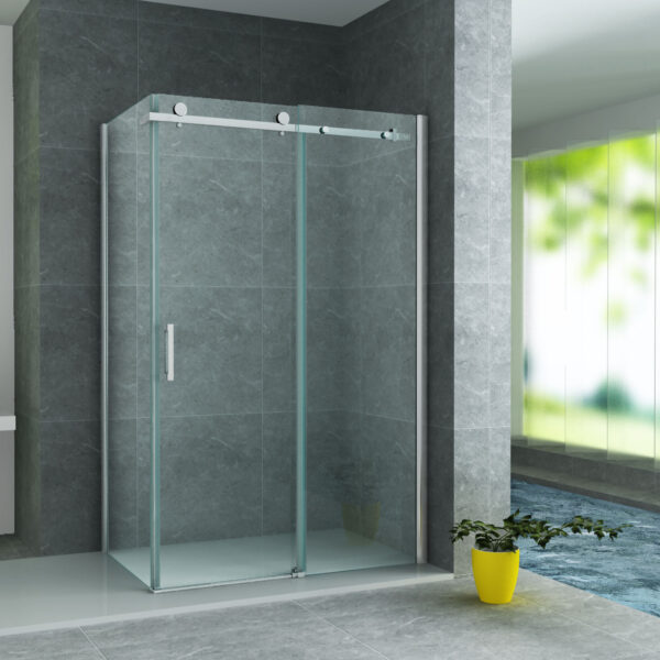CABINE DE DOUCHE ALONI AVEC PORTE COULISSANTE ET PANNEAU LATÉRAL - TRAITEMENT ANTI-CALCAIRE - RÉVERSIBLE - VERRE DE SÉCURITÉ 8MM - 90X160X195 CM - CHROME - VERRE CLAIR