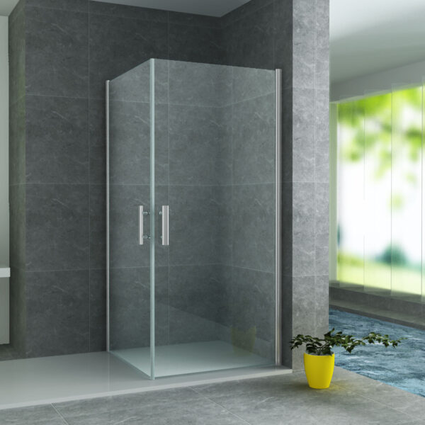 ALONI SHOWER ENCLOSURE CORNER ENTRY WITH 2 PIVOT DOORS - DOORS OPEN INWARDS AND OUTWARDS - WITH ANTI-CALCAIRE TREATMENT - REVERSIBLE - 6MM SAFETY GLASS - 80X80X190 CM - CHROME - CLEAR GLASS