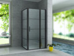 CABINE DE DOUCHE ALONI AVEC PORTE BATTANTE, PANNEAU FIXE ET PANNEAU LATÉRAL - AVEC TRAITEMENT ANTI-CALCAIRE - RÉVERSIBLE - VERRE DE SÉCURITÉ 8MM - 90X120X200 CM - NOIR MAT - VERRE CLAIR AVEC GRILLE NOIRE