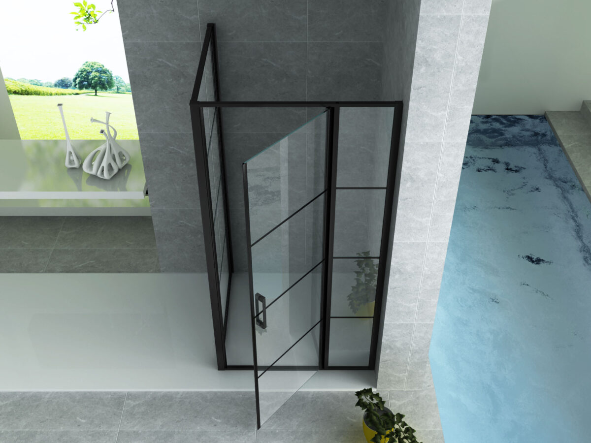 Cabine De Douche Aloni Avec Porte Battante, Panneau Fixe Et Panneau Latéral - Avec Traitement Anti-Calcaire - Réversible - Verre De Sécurité 8mm - 90x120x200 Cm - Noir Mat - Verre Clair Avec Grille Noire – Image 4