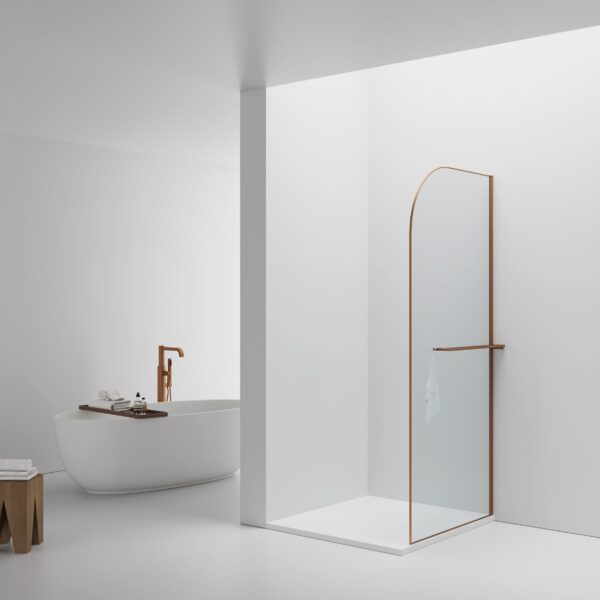 DOUCHE À L'ALPIN CURVY AVEC PORTE-SERVIETTE - COURBE - AVEC TRAITEMENT ANTI-CALCAIRE - RÉVERSIBLE - VERRE DE SÉCURITÉ 8MM - 100X200CM - CUIVRE BROSSÉ - COURBE - VERRE CLAIR