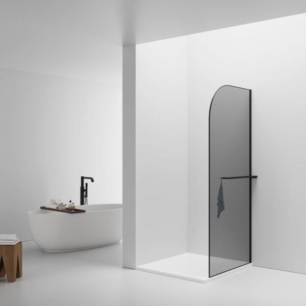 DOUCHE À L'ALPIN CURVY AVEC PORTE-SERVIETTE - COURBE - AVEC TRAITEMENT ANTI-CALCAIRE - RÉVERSIBLE - VERRE DE SÉCURITÉ 8MM - 100X200CM - NOIR MAT - VERRE FUMÉ GRIS