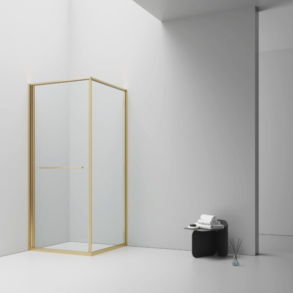 CABINE DE DOUCHE INSLIDE - PORTE COULISSANTE ET PANNEAU LATÉRAL OUVRANT VERS L'INTÉRIEUR - GAIN D'ESPACE - RÉVERSIBLE - VERRE DE SÉCURITÉ 6MM - 90X90X200 CM - OR BROSSÉ - VERRE CLAIR