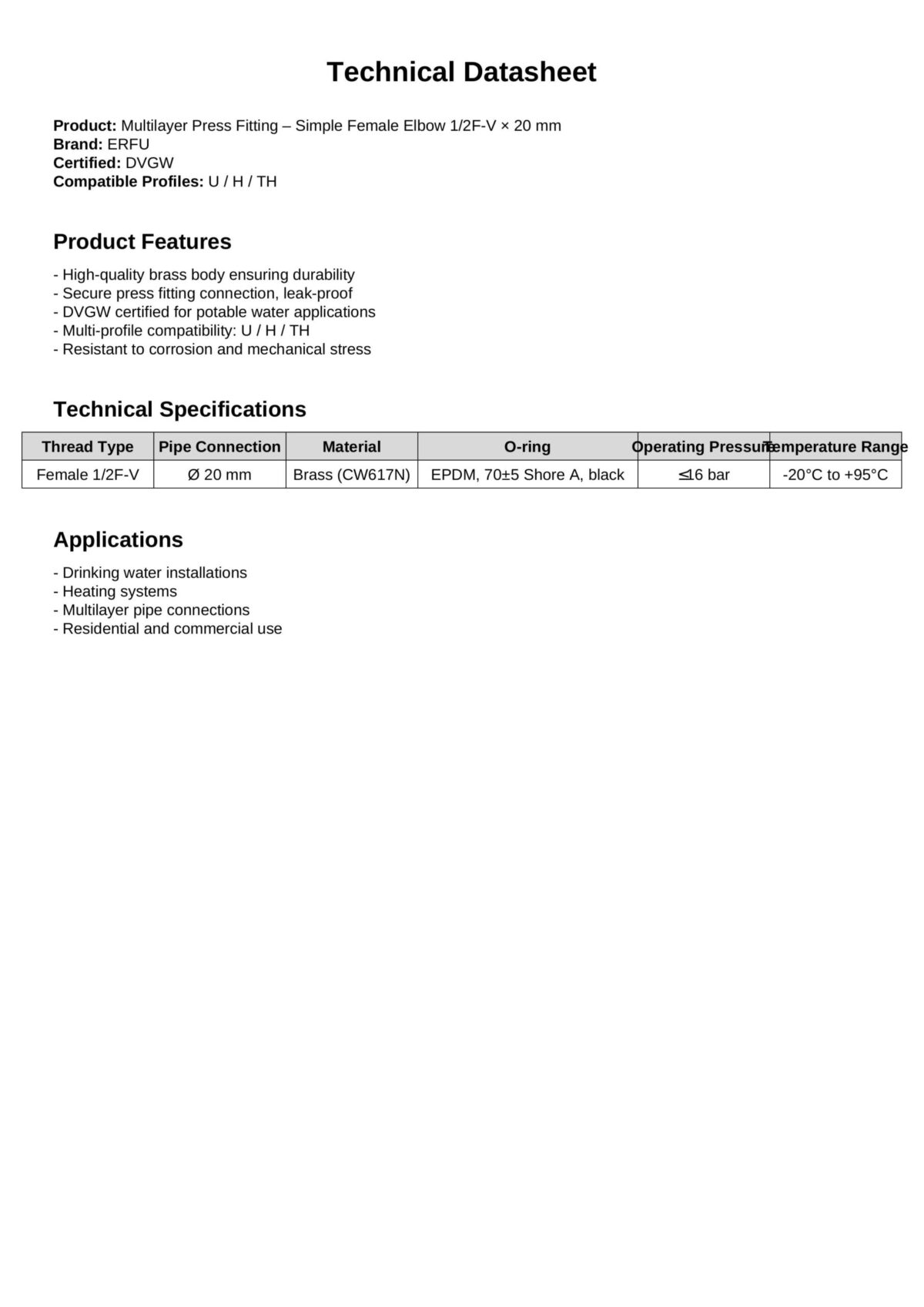 Erfu Multilayer Crimp Fitting Â Single Female Cylinder Head 20 Mm X 1/2" Â Raccord À Sertir Certifié Dvgw, Multi-Profiles U/H/Th – Image 2