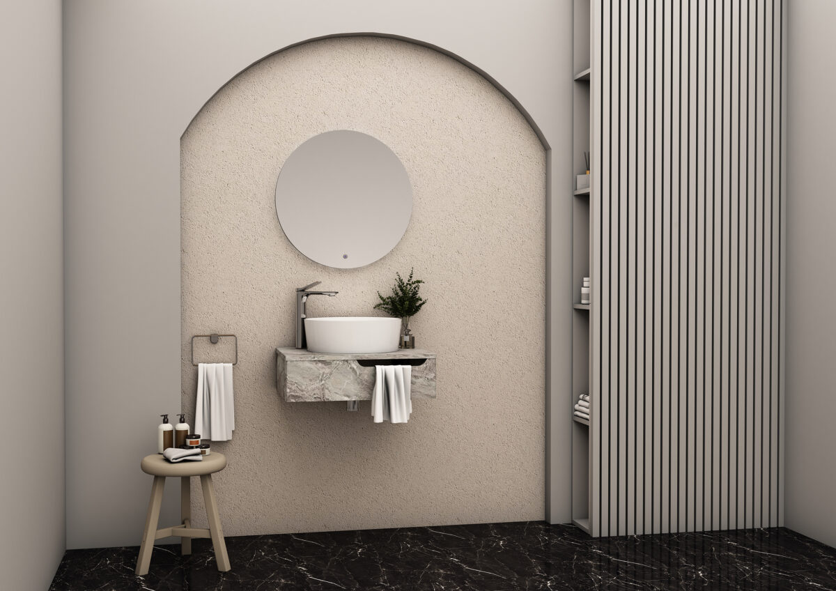 Armoire Bas Felix Avec Encastrement Serviettes (60cm) - Marbre Gris – Image 2