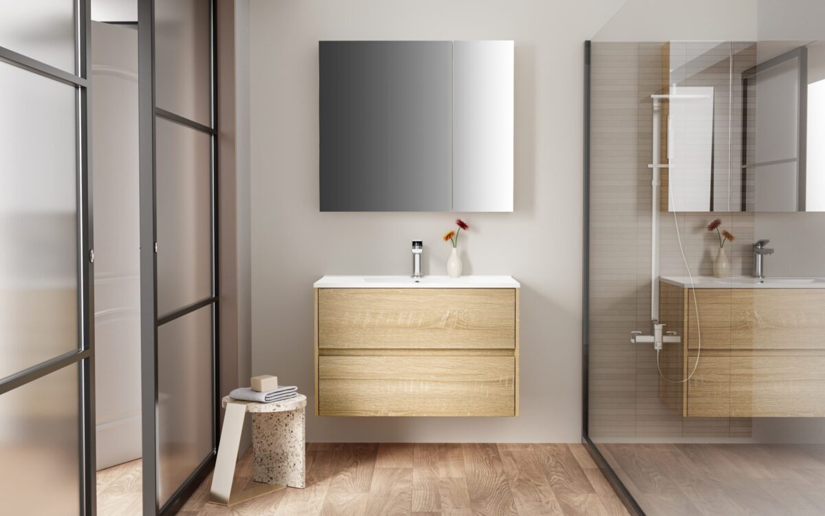 Aloni Hayat Armoire Lavabo - 2 Tiroirs - Softclose - Sans Poignée - 79,5x50x45 Cm - Chêne – Image 5