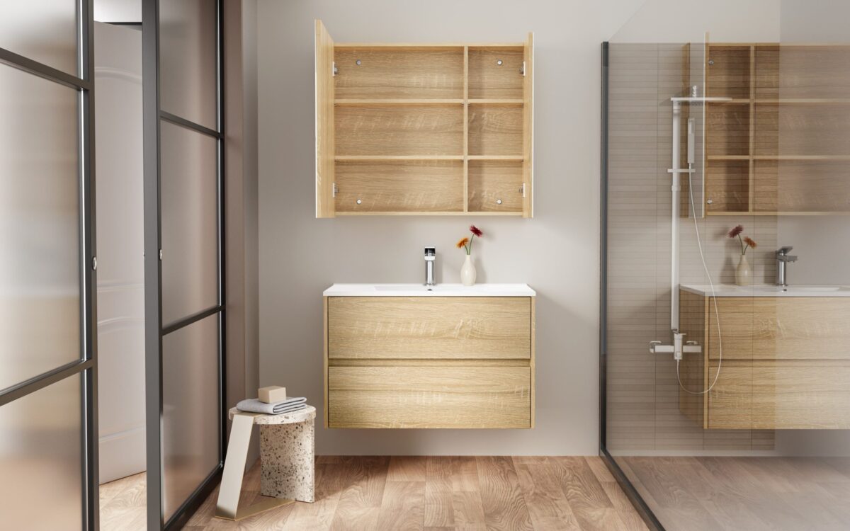 Aloni Hayat Armoire Lavabo - 2 Tiroirs - Softclose - Sans Poignée - 79,5x50x45 Cm - Chêne – Image 12