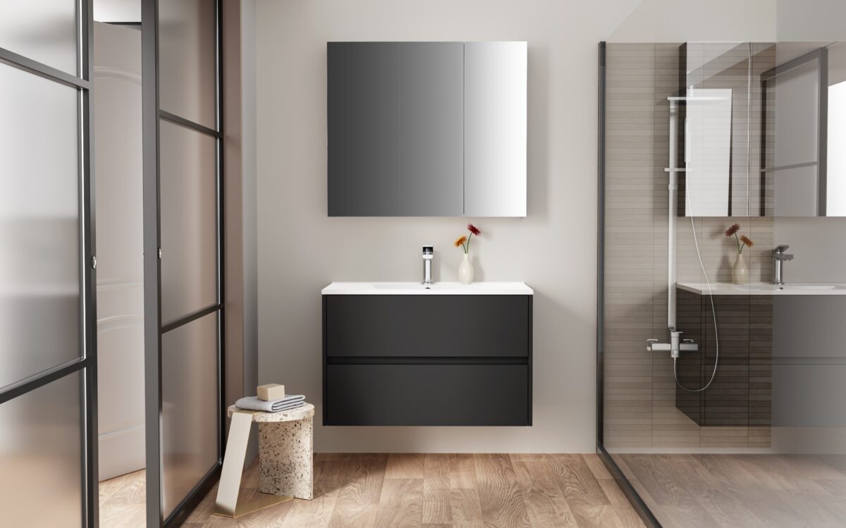 Armoire Miroir Hayat - 2 Portes Miroir Asymétriques Simples Face - 4 Étagères Réglables En Hauteur - 80x70x15cm - Noir Mat – Image 4