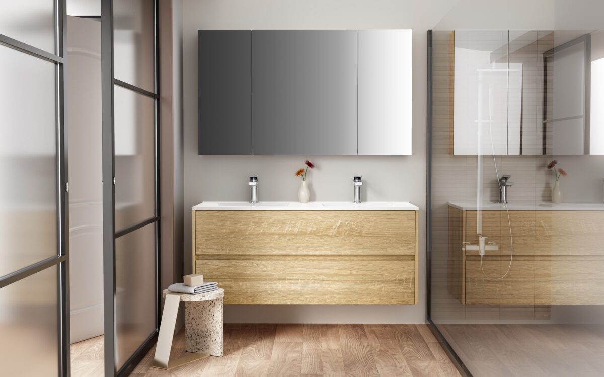 ARMOIRE MIROIR HAYAT - 3 PORTES MIROIR ASYMÉTRIQUES SIMPLES FACE - 6 ÉTAGÈRES RÉGLABLES EN HAUTEUR - 120X70X15CM - CHÊNE – Image 3