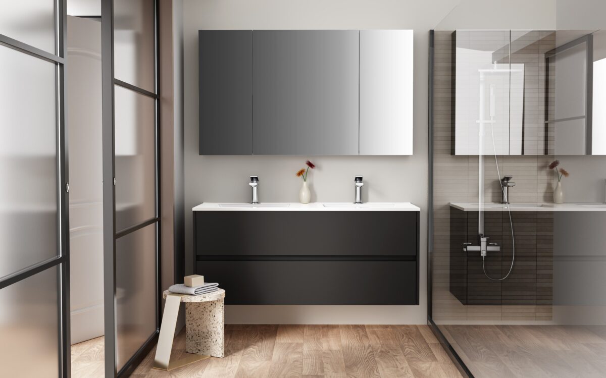 Hayat Mirror Cabinet – 3 Asymmetrical, Single-Sided Mirror Doors – 6 Height-Adjustable Shelves – 120x70x15 Cm – Matt Black - Image 3
