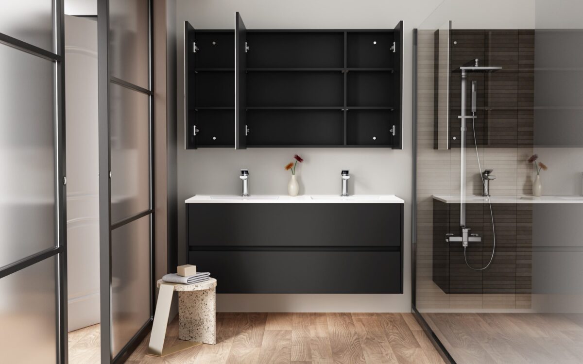 Armoire Miroir Hayat - 3 Portes Miroir Asymétriques Simples Face - 6 Étagères Réglables En Hauteur - 120x70x15cm - Noir Mat – Image 8